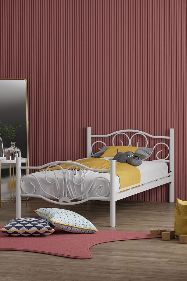 Lale Ferforje Karyola Beyaz Tek Kişilik Metal Yatak 90x190, 90x200, 100x200, 120x190, 120x200 - 3