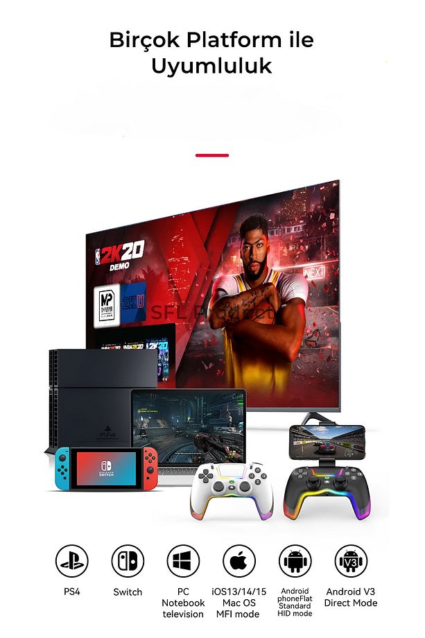 Kablosuz Rgb Gamepad Oyuncu Kol /çift Titreşim/6 Eksenli Rgb Mod/ps4/switch/pc/androd/iphone Uyumlu - 4