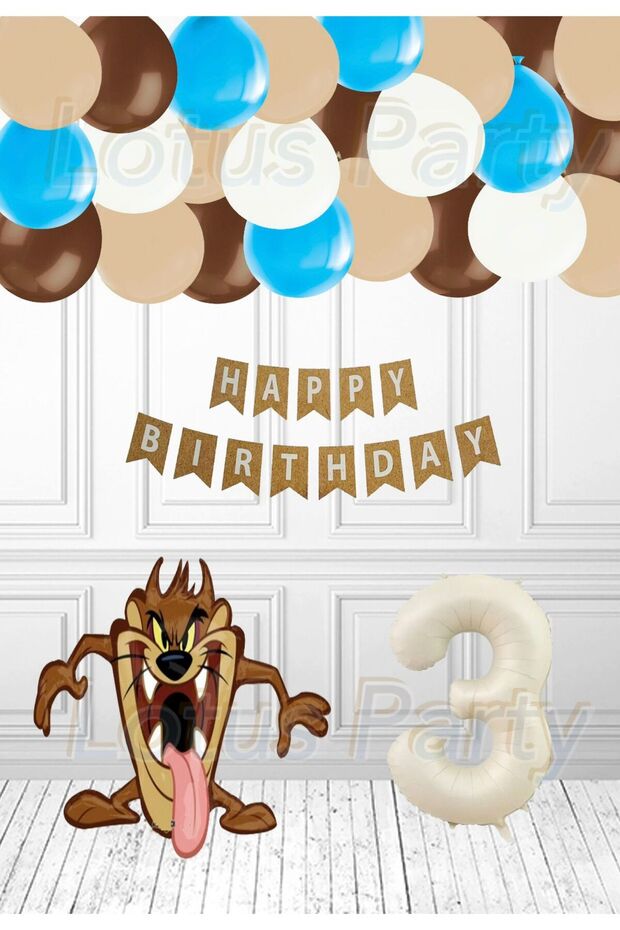 3 Years Old Licensed Tasmanian Devil Themed Foil Balloon Set Cream Number Brown Skin White Blue Balloon