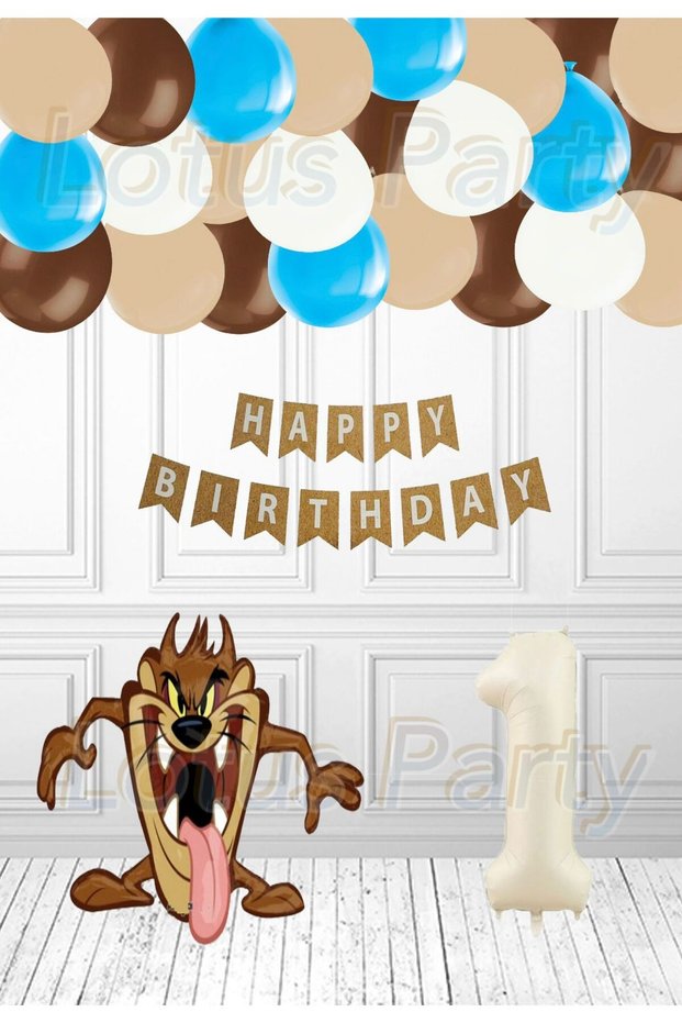 1 Year Old Licensed Tasmanian Devil Themed Foil Balloon Set Cream Number Brown Skin White Blue Balloon