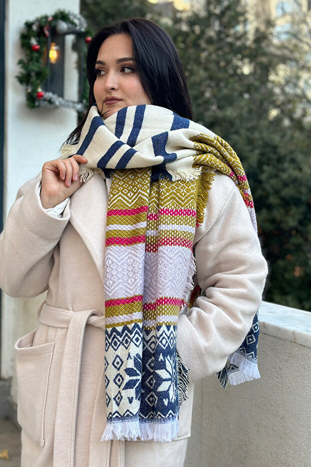 Winter Themed Color Block Soft Touch Thick and Wide Premium Scarf (200 cm X 60 cm)