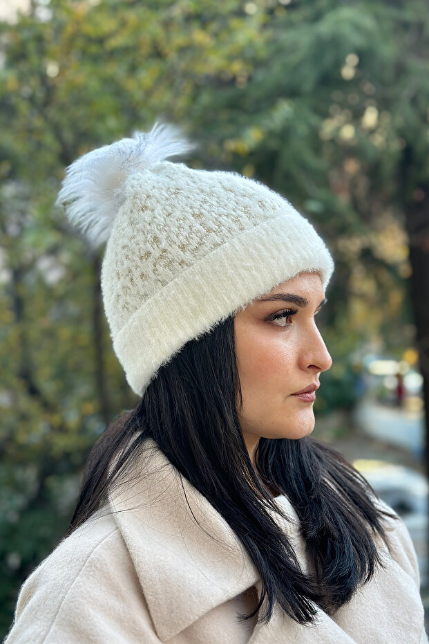Glitter Effect Pompom Fur Inside Soft Touch Premium Beret