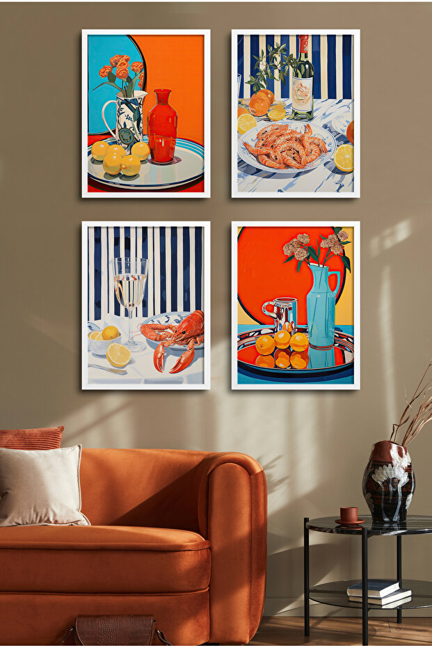 4 Piece Framed Painting Set Presentation, Vase, Wine, Poster Painting D-041