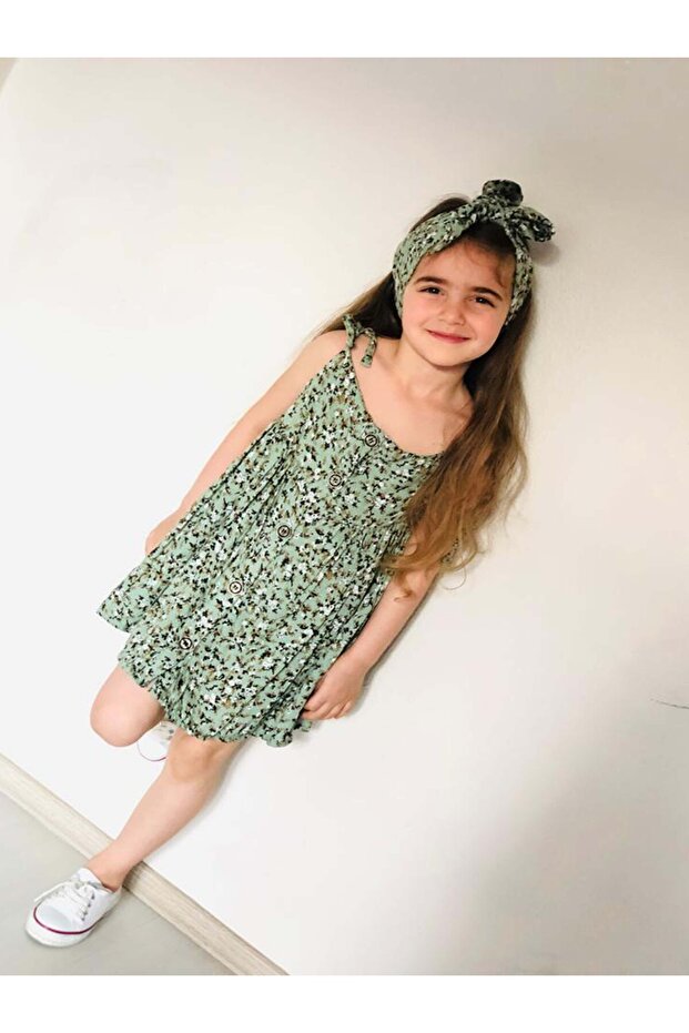 Girl's Dress Strappy Midi Length Buttoned Cotton