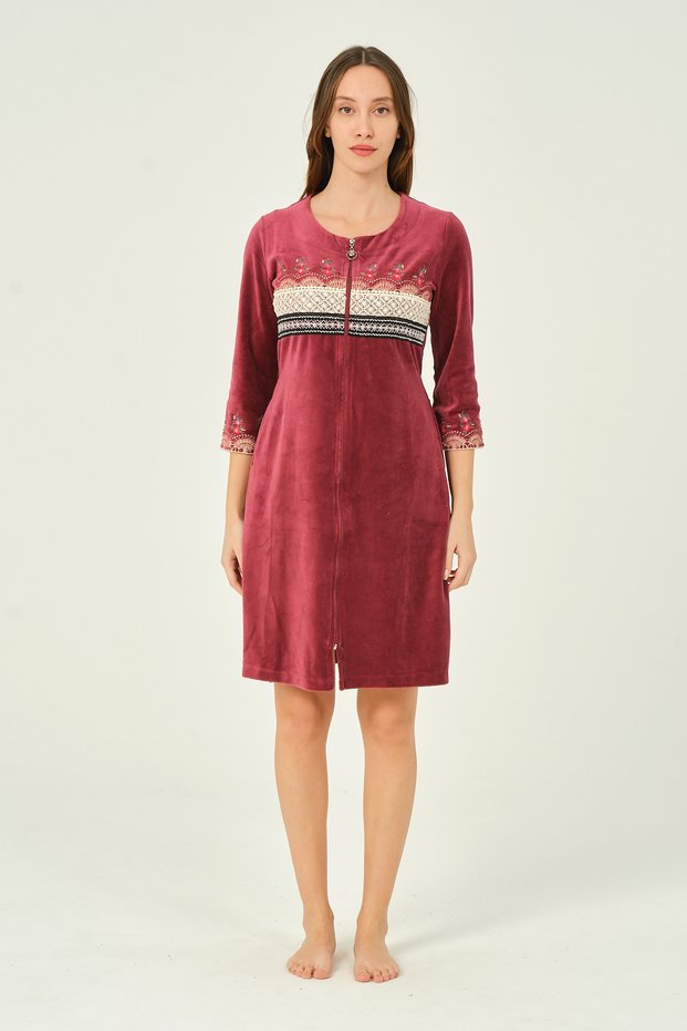 Lace And Embroidery Detailed Zippered Pocket Cotton Velvet Dress