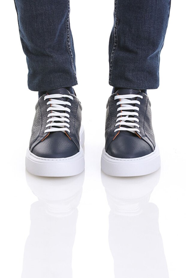 Casual Navy Blue Leather Sneakers - Lace-up