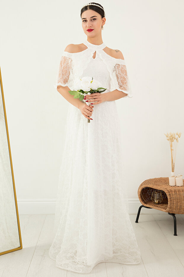 Shoulder Detail Long Lace Evening Dress 13328