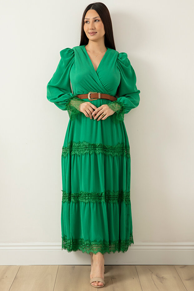 Dantel Detaylı Uzun Şifon Elbise 7227 - 6