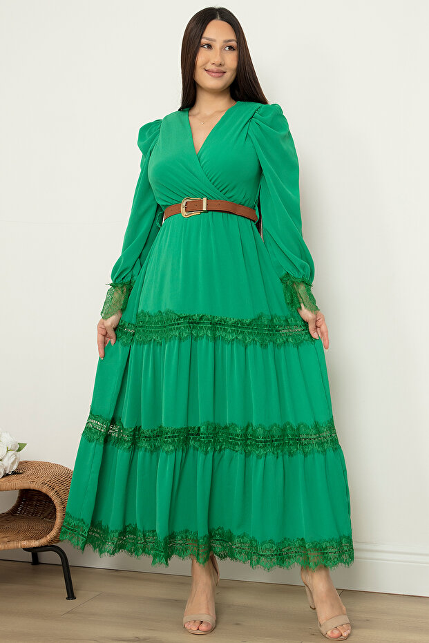 Dantel Detaylı Uzun Şifon Elbise 7227 - 4