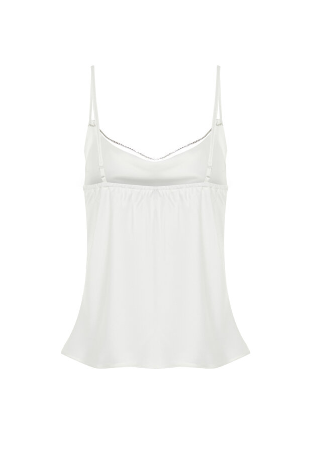 Bridal Beyaz Degaje Yaka Taş Aksesuarlı Dokuma Saten Bluz TPRSS24BZ00004 - 8