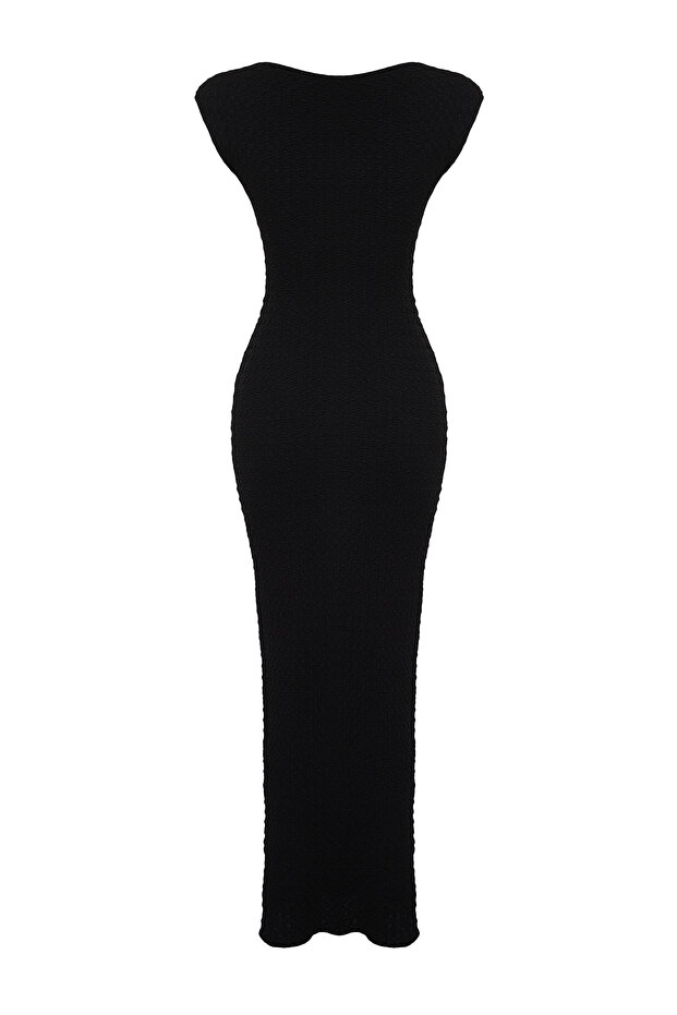 Siyah Dokulu Kumaş Fitted/Vücuda Oturan Ay Kol Örme Esnek Midi Kalem Elbise TWOSS24EL00103 - 8