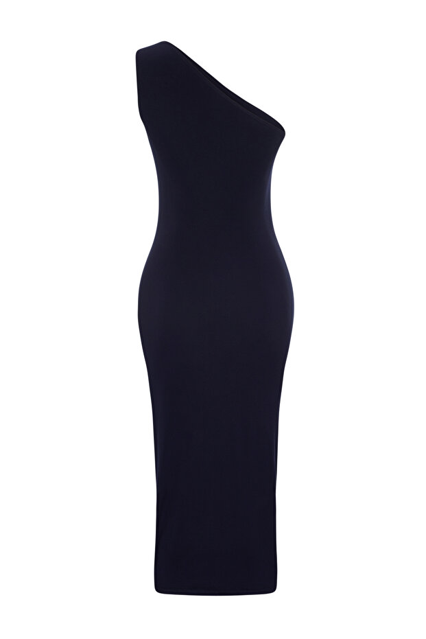 Rochie creion midi tricotată maxi elastică, cu un singur umăr, albastru marin TWOSS24EL00100 - 8