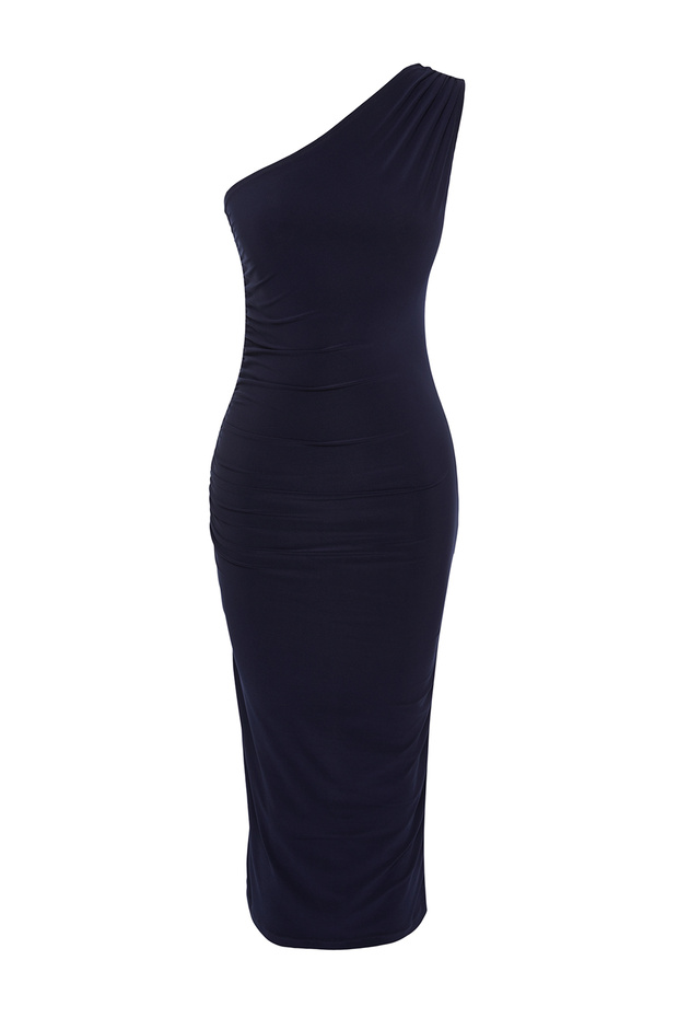Rochie creion midi tricotată maxi elastică, cu un singur umăr, albastru marin TWOSS24EL00100 - 7