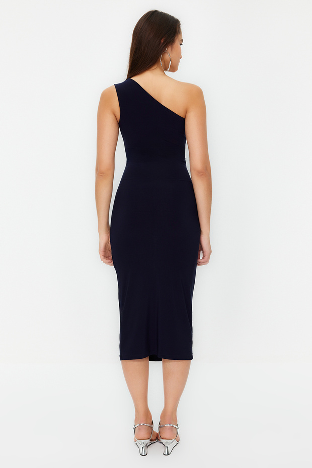 Rochie creion midi tricotată maxi elastică, cu un singur umăr, albastru marin TWOSS24EL00100 - 6