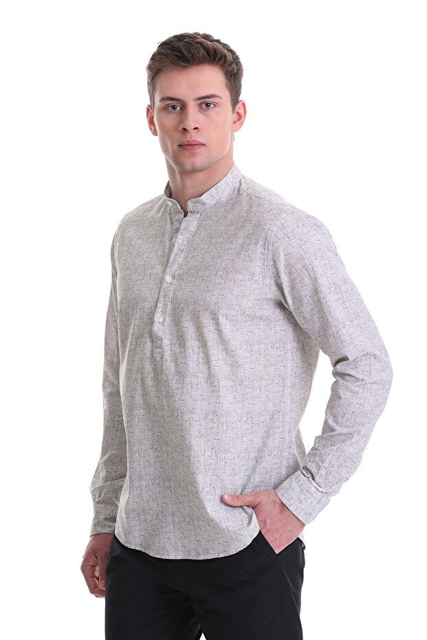 Gray Comfort Fit Printed 100% Cotton High Collar Long Sleeve Casual Shirt