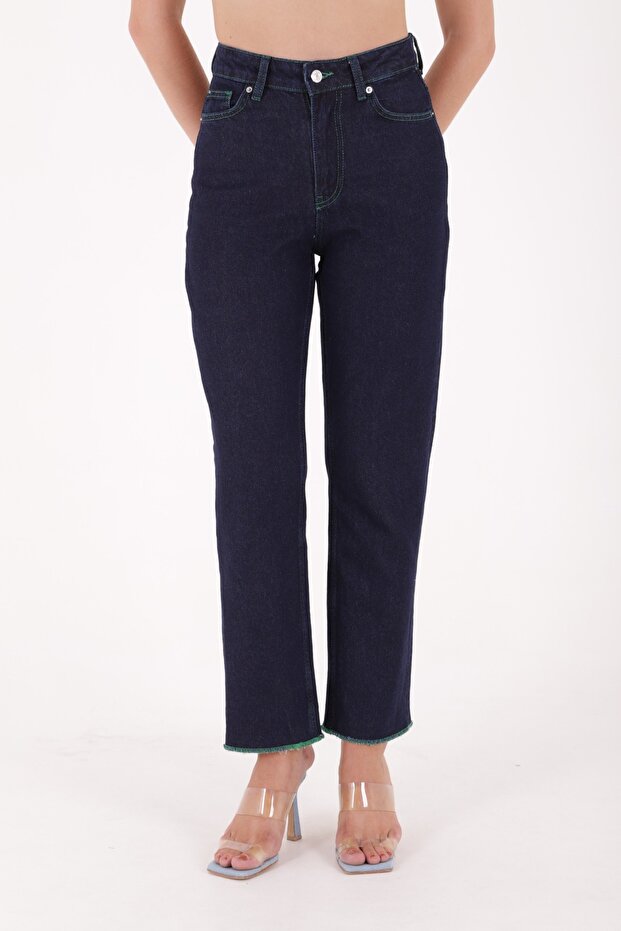 Overlock Coated Detailed High Waisted Comfortable / Relaxed Women's Jeans Denim Trousers Navy Blue