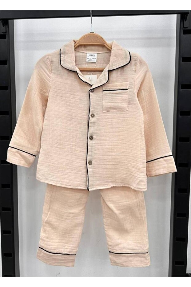 Shirt Collar Buttoned Girl's Muslin Pajama Set