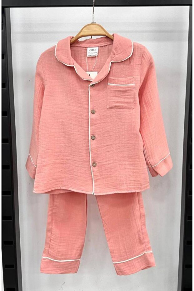 Shirt Collar Buttoned Girl's Muslin Pajama Set