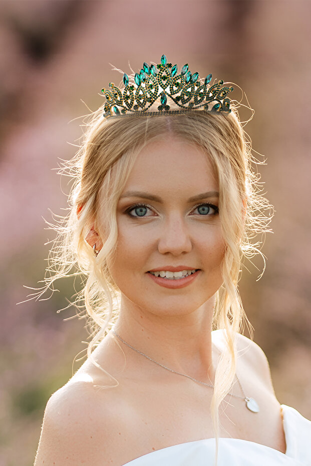 Crystal Embellished Bridal Queen Tiara, Sparkling Princess Tiara, Wedding Tiara, Authentic Tiara, Gold Green