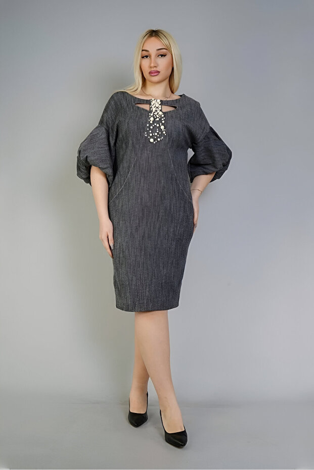 Balloon Sleeve Collar Stone Detailed Midi Size Black Plus Size Denim Dress