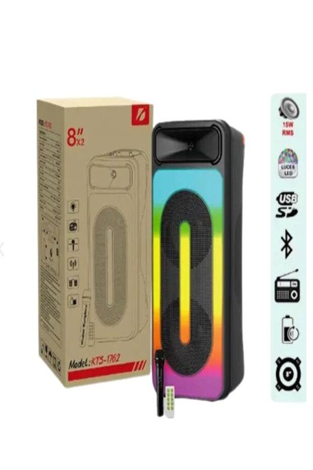 8"x2 45 WATT Taşınabilir RGB Bluetooth Hoparlör Karaoke Party Box + Kablosuz Mikrofon - 5