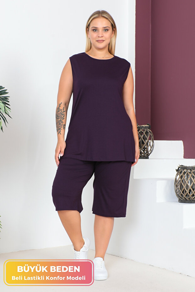 Plus Size Comfort Model Capri 2-Piece Suit with Elastic Waist and Pocket Capri Shorts Top-Top 2-Piece Set