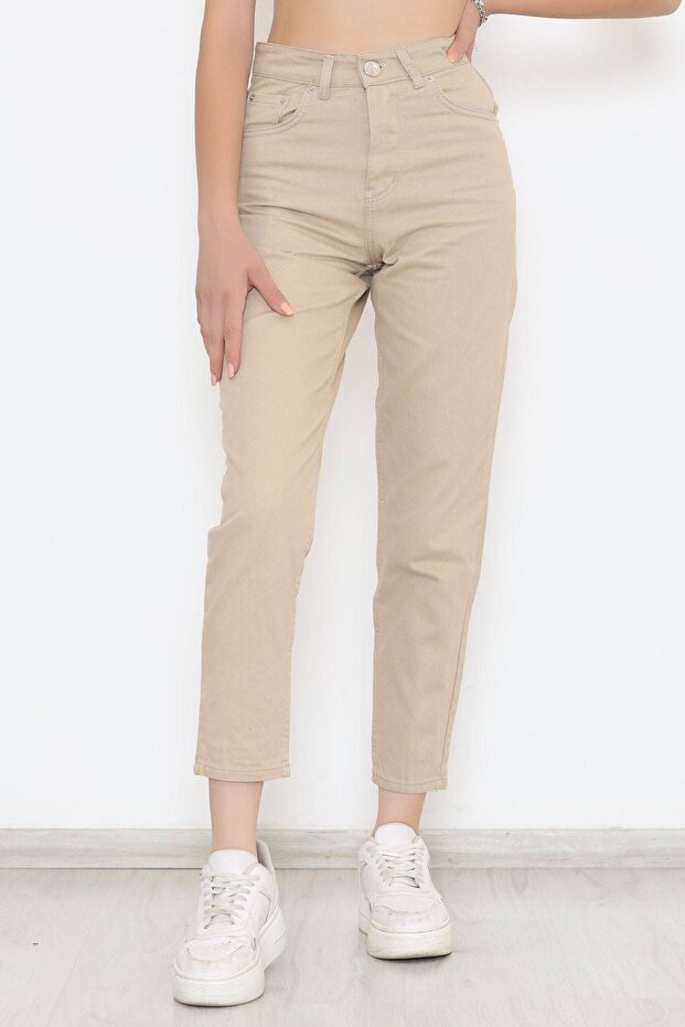 Beige Lycra Mom Jean High Waist Beige Trousers (Not Showing) 2024