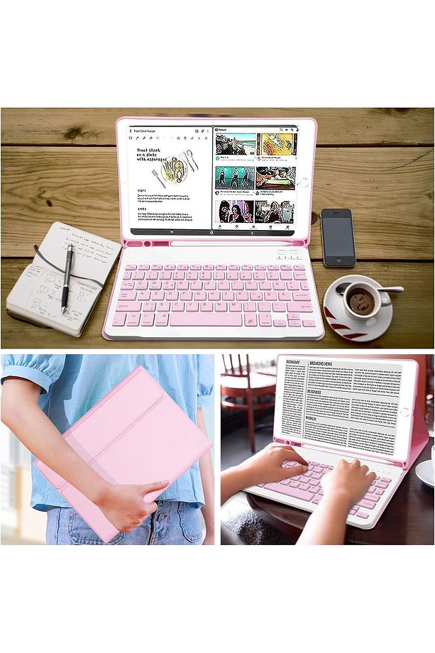 Apple Ipad Air 3.Nesil 10.5 inç Uyumlu Tablet Bluetooth Özellik Kablosuz Kalem Bölme Klavyeli Kılıf - 7