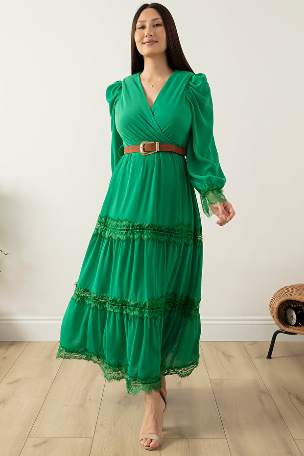 Dantel Detaylı Uzun Şifon Elbise 7227 - 1