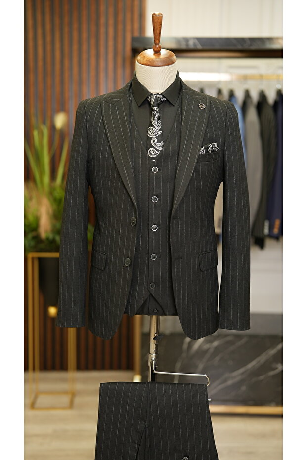 Men's Striped Suit Style Slim Fit Jacket Vest Pants