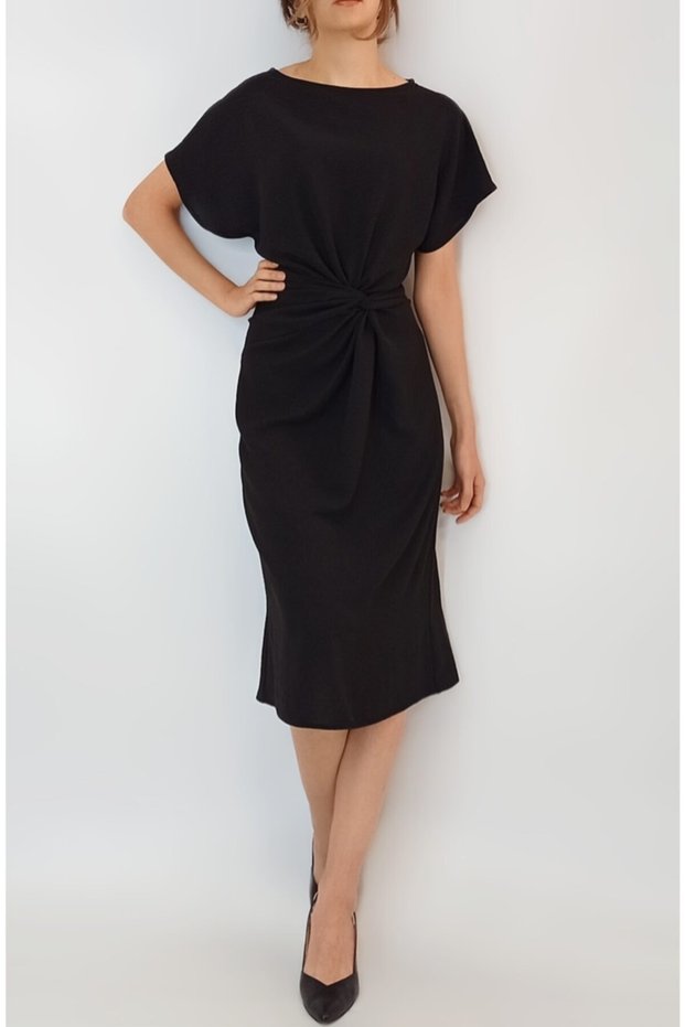 Women's Black Knot Detailed Midi Dress
