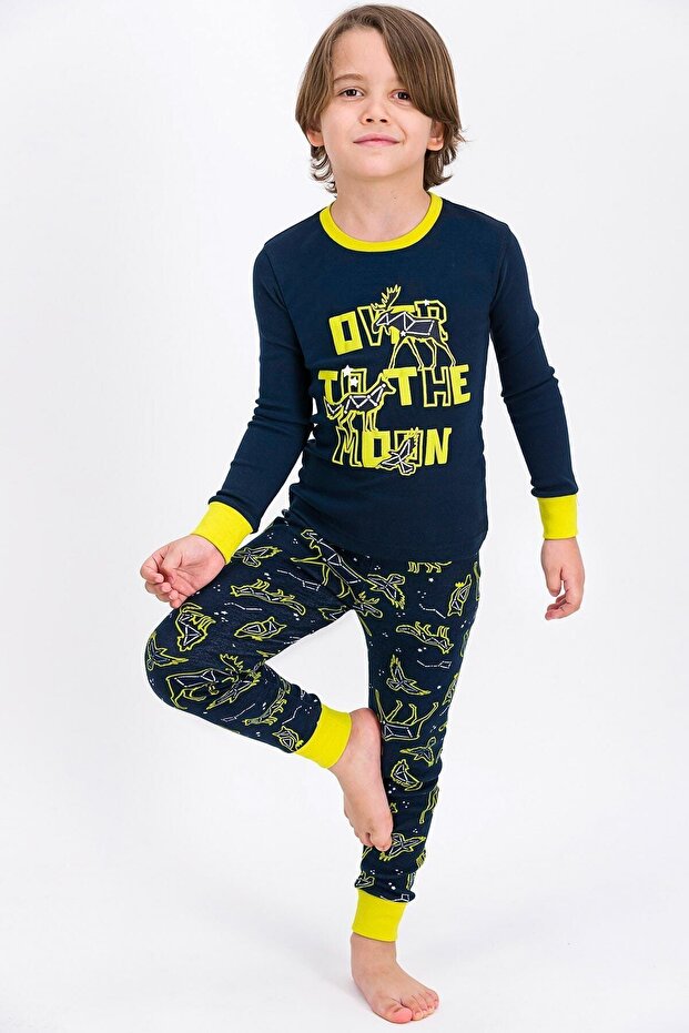 Rolypoly Moon Animals Skeleton Navy Blue Boy Pajama Set