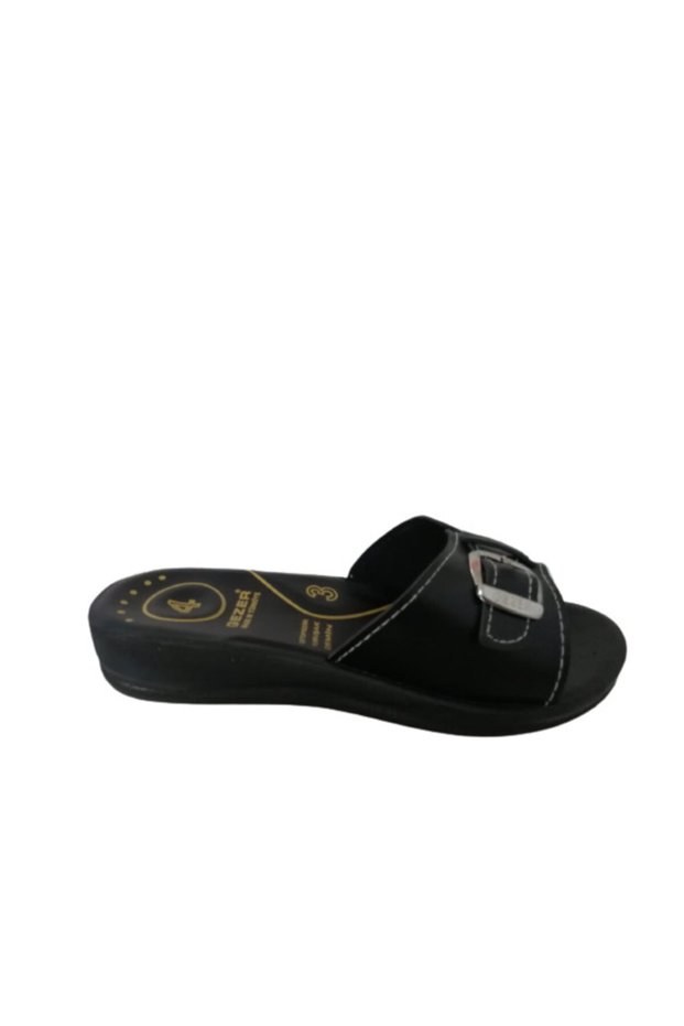 Ge088-010 Women's Black Buckle Orthopedic Sole Daily Walking Slippers