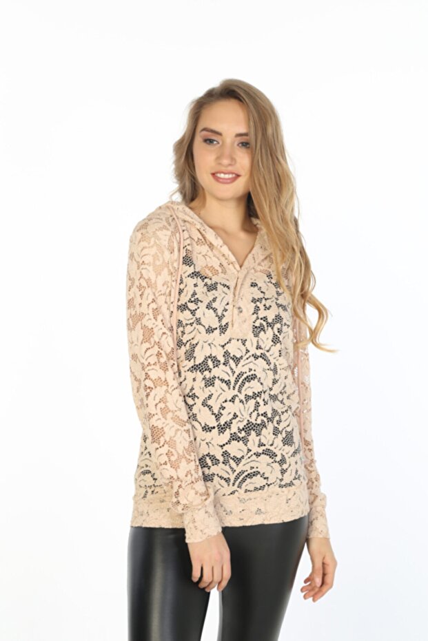 Kadın Bej Kapüşonlu Dantel Örme Bluz - 2