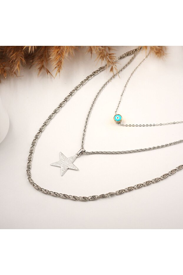 Evil Eye Bead Star Detail Snail Chain 3-Piece Combination Necklace