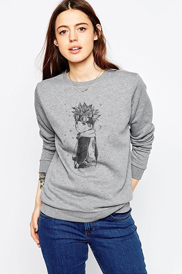 Anime Naruto Printed Gray Women's Knitted Sweatshirt Long Sleeve