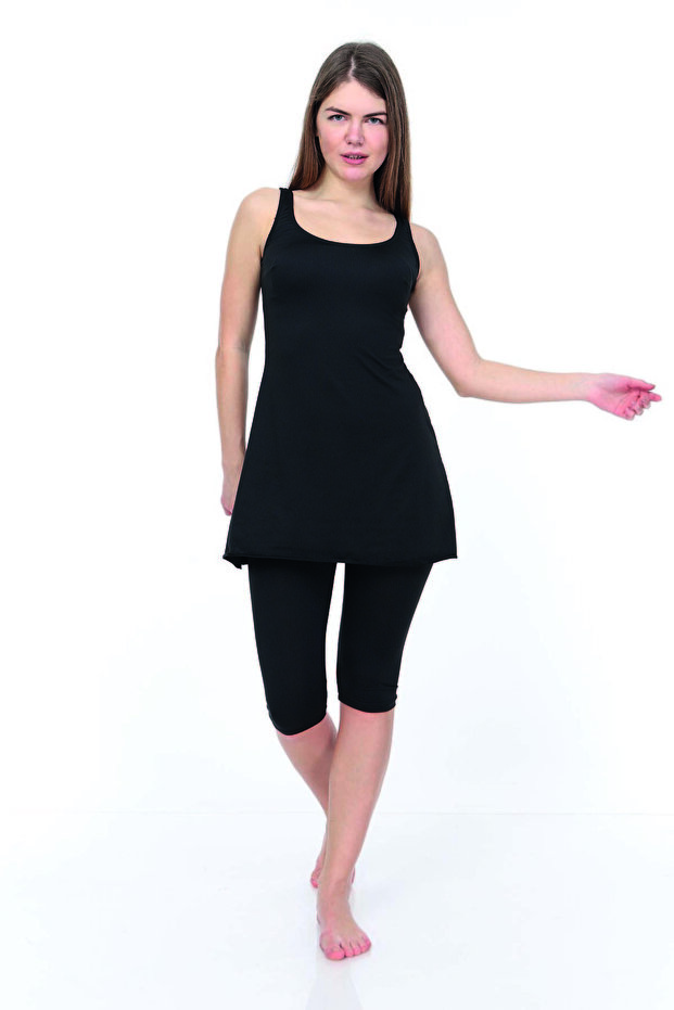 Plain Black Strappy Tights Dress Swimsuit