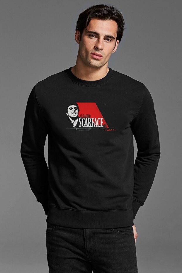 Alpacino Scarface Printed Black Men's Knitted Sweatshirt Long Sleeve
