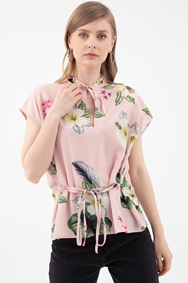 Women's Powder Collar Detailed Patterned Blouse