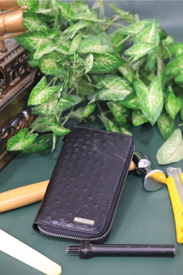 Siyah Deve Kuşu Baskı Fermuarlı Portföy Cüzdan - 1