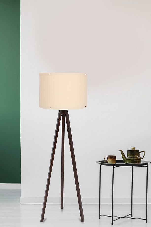 Tripod Mdf Ayaklı Lüx Lambader - Yuvarlak Başlık Krem - Kahve Ayak - 1