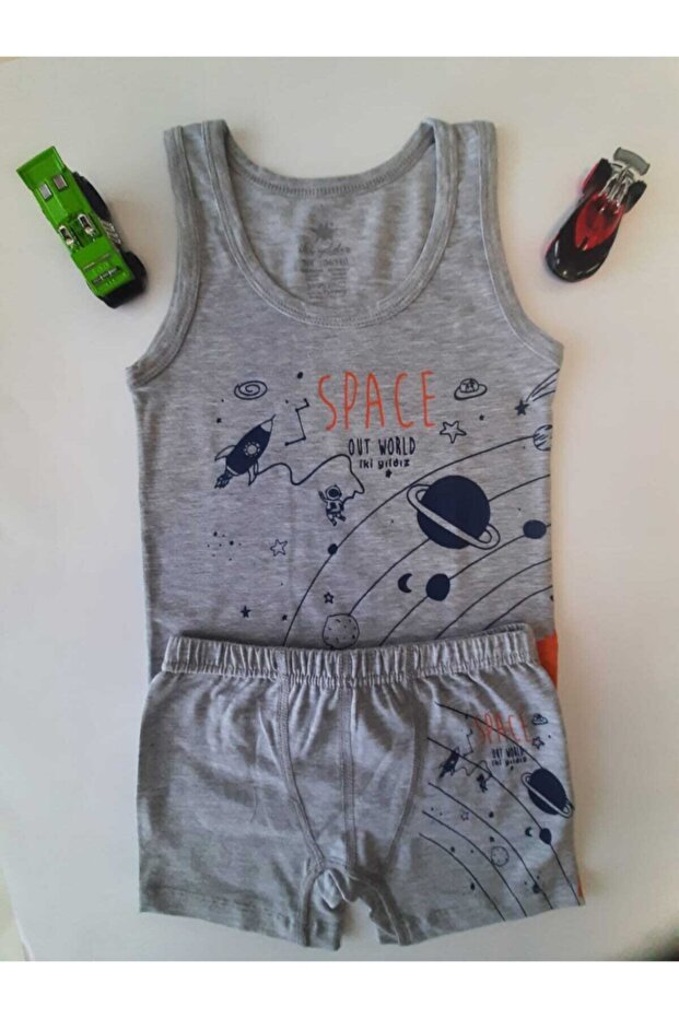 Boy's Gray Cotton Space Printed Undershirt Boxer Set (Age 3-4)