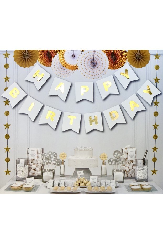 White Gold Gold Yellow Gilded Happy Birthday Written Birthday Party Cardboard Writing Banner