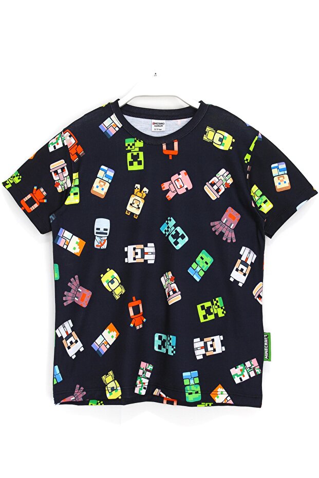 Kids Black Minecraft Character 360 Degree Printed T-shirt