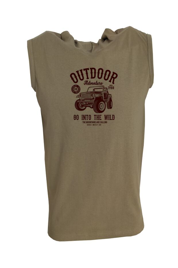 Unisex Khaki Printed Hooded Sleeveless T-shirt