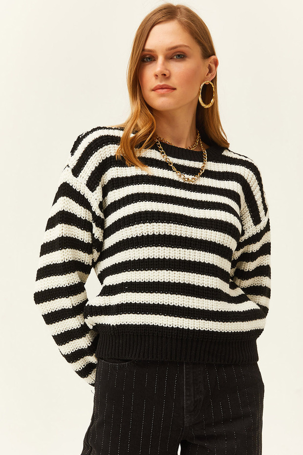 Women's Black Thessaloniki Knit Striped Soft Textured Knitwear Sweater KZK-19000736