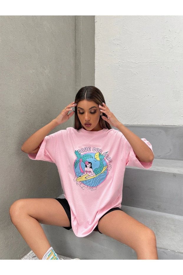 Women's Baby Pink Save Our Seas Printed Oversize Crew Neck Tshirt