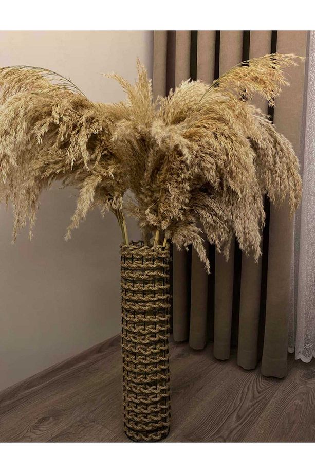 Dekoratif Metal Tel Hasır Örgülü El Yapımı Çiçek Pampas Vazosu Dar 60 cm Hasır Örgü Vazo - 2
