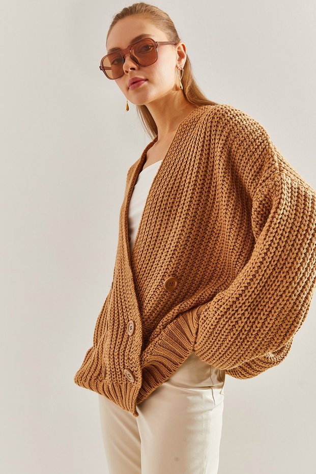 Women's Camel Hair Braided Six-Button Knitwear Cardigan Stk160
