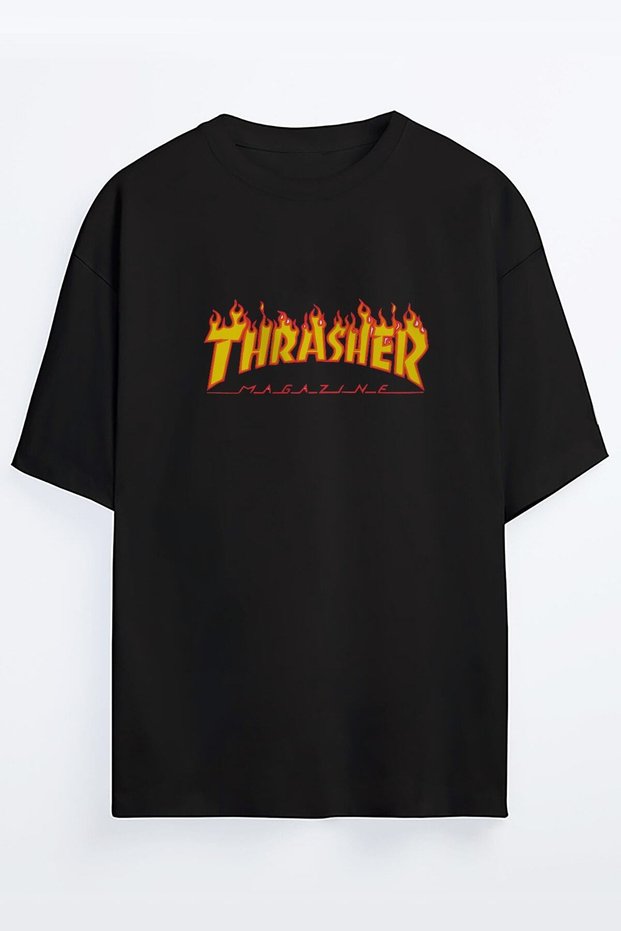 Black Trasher Printed Unisex Ovesize T-shirt